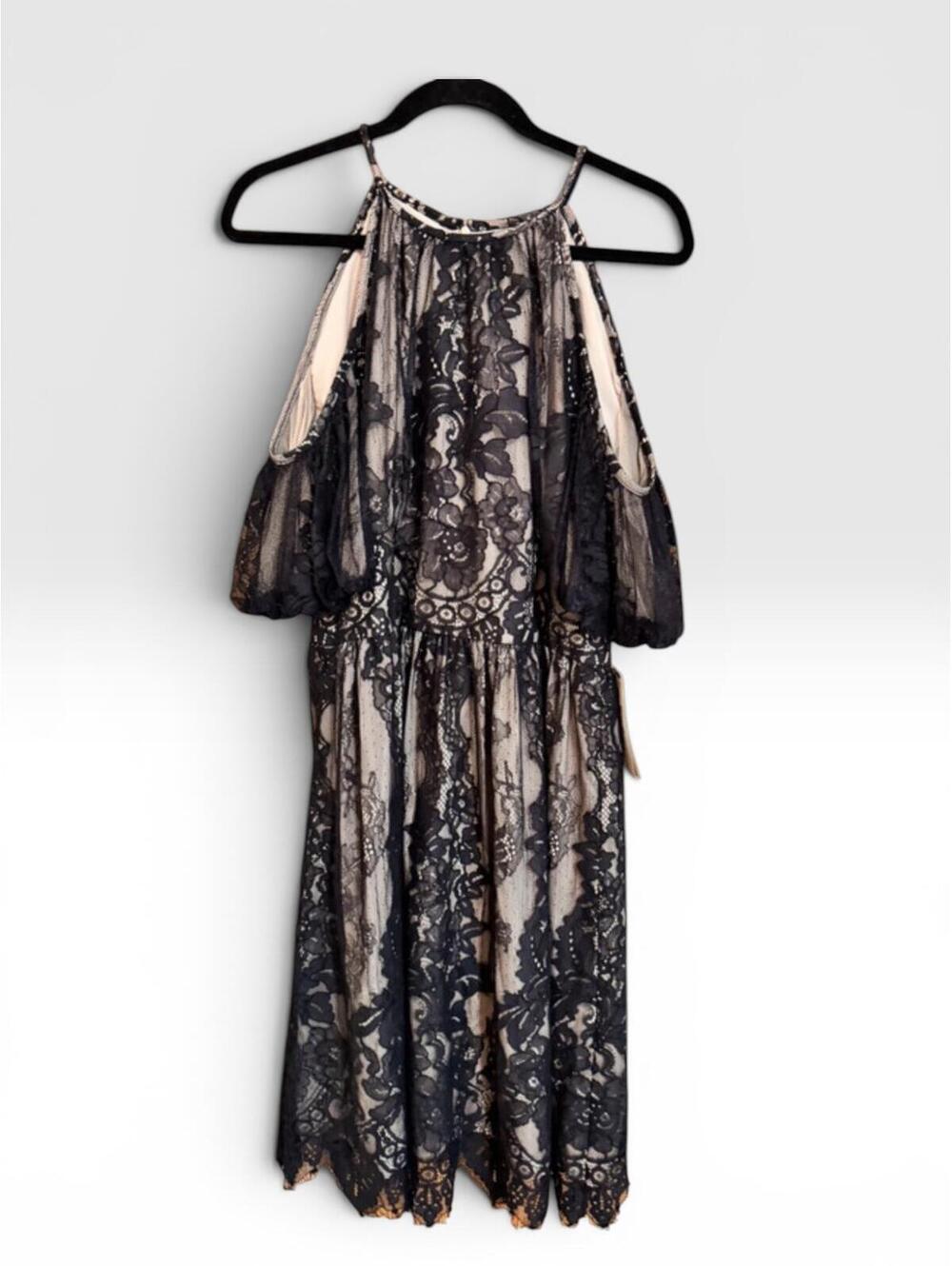 NWT Maggy London Black Nude Lace Cold Shoulder Dress 14 - Picture 4 of 7